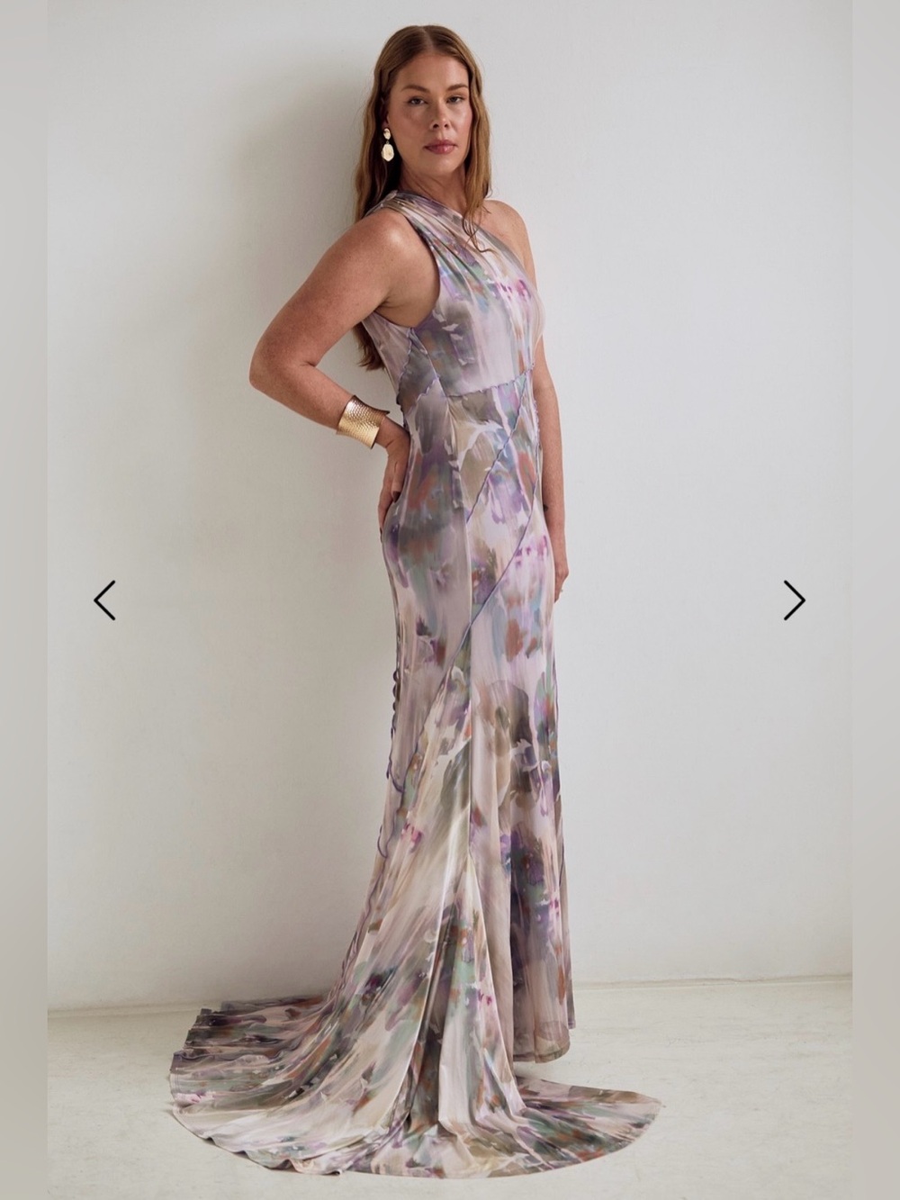 ASOS One-Shoulder Watercolor Maxi Dress in Lavender and Cream